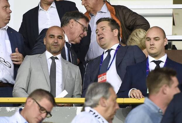 BRUGGE, BELGIUM - AUGUST 28 : Roberto Martinez head coach of Belgian Team and Vincent Mannaert manager of Club Brugge during the Champions League Play-offs 2nd leg match game between Club Brugge and LASK on August 28, 2019 in Brugge, Belgium, 28 08 2019 ( Photo by {Byline:Pc} Photonews FOOTBALL : Club Brugge vs LASK - Champions League Play-offs - 28 08 2019 PHOTONEWS PANORAMIC 