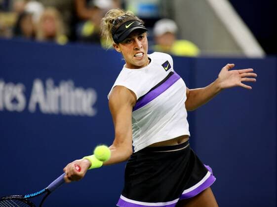 Madison Keys of the USA hits a forehand to Lin Zhu of China in the second round match at the 2019 US Open Tennis Championships at the USTA Billie Jean King National Tennis Center on Wednesday, August 28, 2019 in New York City.  NYP20190829334 MONIKAxGRAFF