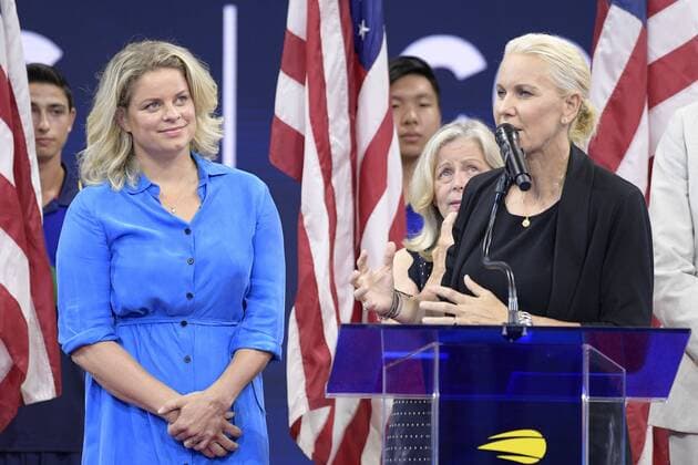 Kim Clijsters, the newest inductee into the US Open s Court of Champions, and former Australian tennis player Rennae Stubbs pictured during a ceremony on the third day of the US Open Grand Slam tennis tournament, at Flushing Meadow, in New York City, USA, Wednesday 28 August 2019. YORICKxJANSENS  x05651033x