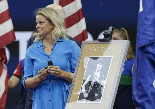2 time US Open Champion Kim Clijsters is honored with a plaque in Arthur Ashe Stadium at the 2019 US Open Tennis Championships at the USTA Billie Jean King National Tennis Center on Wednesday, August 28, 2019 in New York City.  NYP20190828228 JOHNxANGELILLO