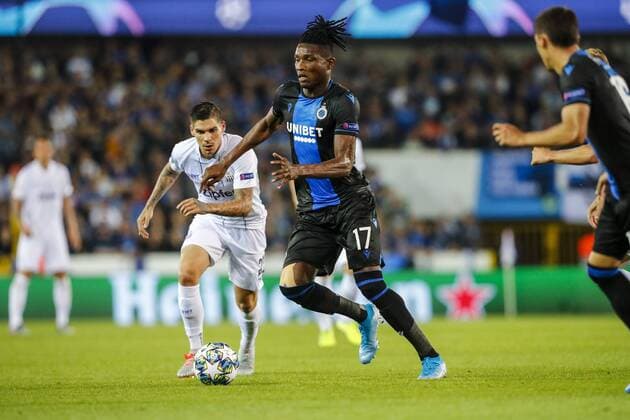 SOCCER - CL play off, Bruegge vs LASK BRUGES,BELGIUM,28.AUG.19 - SOCCER - UEFA Champions League, play off, FC Bruegge vs LASK. Image shows Dominik Frieser (LASK) and Simon Deli (Bruegge). GEPAxpictures xJasminxWalter