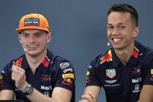 Red Bull s Dutch driver Max Verstappen and Red Bull s British driver Alexander Albon pictured during a press conference, PK, Pressekonferenz ahead of the Spa-Francorchamps Formula One Grand Prix of Belgium race, in Spa-Francorchamps, Thursday 29 August 2019. BENOITxDOPPAGNE  x05651140x