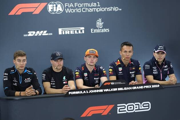 Williams British driver George Russell, Mercedes Finnish driver Valtteri Bottas, Red Bull s Dutch driver Max Verstappen, Red Bull s British driver Alexander Albon and Racing Point s Mexican driver Sergio Perez pictured during a press conference, PK, Pressekonferenz during the preparations ahead of the Spa-Francorchamps Formula One Grand Prix of Belgium race, in Spa-Francorchamps, Thursday 29 August 2019. BENOITxDOPPAGNE  x05651143x