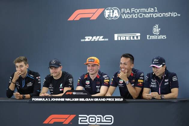 Williams British driver George Russell, Mercedes Finnish driver Valtteri Bottas, Red Bull s Dutch driver Max Verstappen, Red Bull s British driver Alexander Albon and Racing Point s Mexican driver Sergio Perez pictured during a press conference, PK, Pressekonferenz during the preparations ahead of the Spa-Francorchamps Formula One Grand Prix of Belgium race, in Spa-Francorchamps, Thursday 29 August 2019. BENOITxDOPPAGNE  x93146989stx