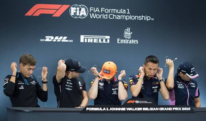 Sport Bilder des Tages Williams British driver George Russell, Mercedes Finnish driver Valtteri Bottas, Red Bull s Dutch driver Max Verstappen, Toro Rosso s Thai driver Alexander Albon and Racing Point s Mexican driver Sergio Perez attend a press conference, PK, Pressekonferenz ahead of the Spa-Francorchamps Formula One Grand Prix of Belgium race, in Spa-Francorchamps, Thursday 29 August 2019. BENOITxDOPPAGNE  x05651158x