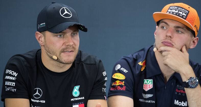 Mercedes Finnish driver Valtteri Bottas and Red Bull s Dutch driver Max Verstappen attend a press conference, PK, Pressekonferenz the preparations ahead of the Spa-Francorchamps Formula One Grand Prix of Belgium race, in Spa-Francorchamps, Thursday 29 August 2019. BENOITxDOPPAGNE  x05651160x