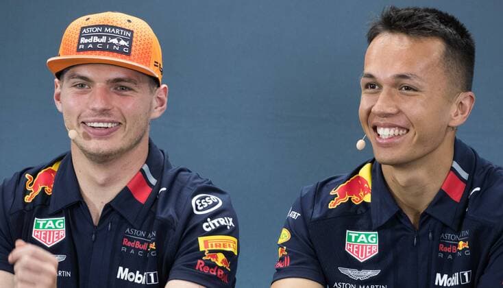 Red Bull s Dutch driver Max Verstappen and Toro Rosso s Thai driver Alexander Albon attend a press conference, PK, Pressekonferenz ahead of the Spa-Francorchamps Formula One Grand Prix of Belgium race, in Spa-Francorchamps, Thursday 29 August 2019. BENOITxDOPPAGNE  x05651162x