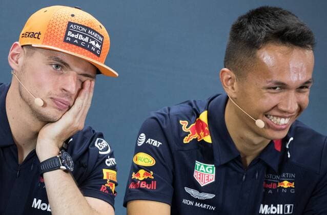 Red Bull s Dutch driver Max Verstappen and Toro Rosso s Thai driver Alexander Albon attend a press conference, PK, Pressekonferenz ahead of the Spa-Francorchamps Formula One Grand Prix of Belgium race, in Spa-Francorchamps, Thursday 29 August 2019. BENOITxDOPPAGNE  x05651163x