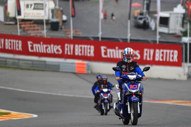 29th Aug 2019, Circuit Spa Francorchamps, Stavelot, Belgium; Formula 1 Johnnie Walker Belgian Grand Prix; Arrivals Day; Scuderia Toro Rosso, Pierre Gasly rides a scooter up Eau Rouge - Editorial Use Only.  ActionPlus12163810 Octane