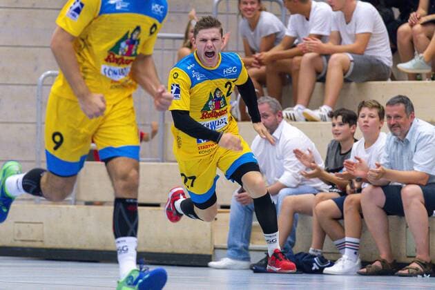 Konstanz, Germany 30 August 2019 2 BL 19 20 HSG Konstanz vs SG BBM Bietigheim Samuel Wendel Konstanz Jubel Freude Emotion Torjubel Torschuetze Torschütze Konstanz Baden Württemberg Germany