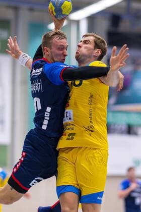 Konstanz, Germany 30 August 2019 2 BL 19 20 HSG Konstanz vs SG BBM Bietigheim v left Jan Döll Doell SG BBM Bietigheim , Tom Wolf Konstanz Konstanz Baden Württemberg Germany