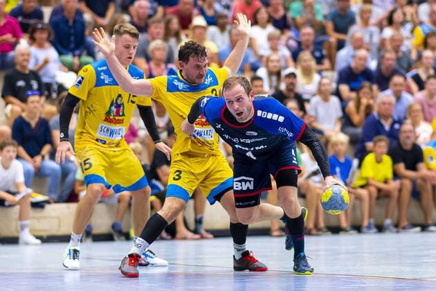 Konstanz, Germany 30 August 2019 2 BL 19 20 HSG Konstanz vs SG BBM Bietigheim v left in duel Fabian Schlaich Konstanz and Patrick Rentschler SG BBM Bietigheim Konstanz Baden Württemberg Germany