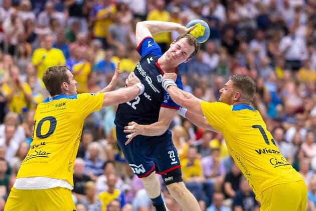 Konstanz, Germany 30 August 2019 2 BL 19 20 HSG Konstanz vs SG BBM Bietigheim v left Tom Wolf Konstanz , Jonas Link SG BBM Bietigheim , Fabian Wiederstein Konstanz Konstanz Baden Württemberg Germany