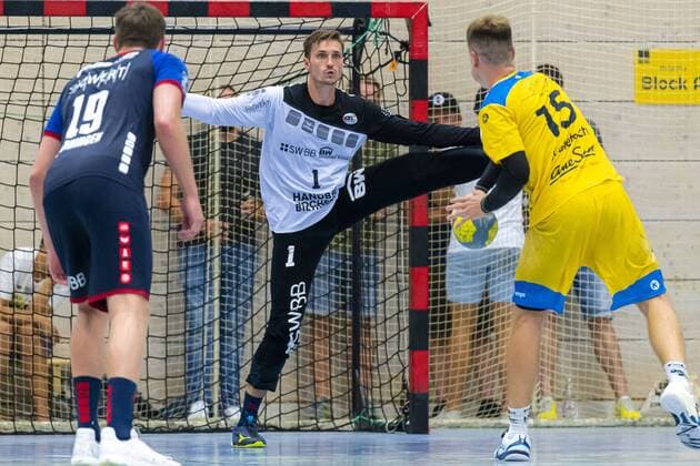 Konstanz, Germany 30 August 2019 2 BL 19 20 HSG Konstanz vs SG BBM Bietigheim v li Vetle Ronningen SG BBM Bietigheim , Goalkeeper Jonas Maier SG BBM Bietigheim , Paul Kaletsch Konstanz Konstanz Baden Württemberg Germany