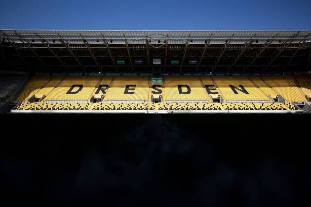 Back straight with Dresden logo in the sun shortly before the stadium gates will be opened 29 08 2019, football, GER, 2 Bundesliga, 5 matchday, season 2019 20, SG Dynamo Dresden vs. FC St Pauli, Rudolf Harbig stadium, SG Dynamo Dresden FC St Pauli