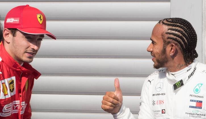 Ferrari s Monegasque driver Charles Leclerc and Mercedes British driver Lewis Hamilton pictured after the qualification sessions ahead of the Spa-Francorchamps Formula One Grand Prix of Belgium race, in Spa-Francorchamps, Friday 30 August 2019. BENOITxDOPPAGNE  x05652751x