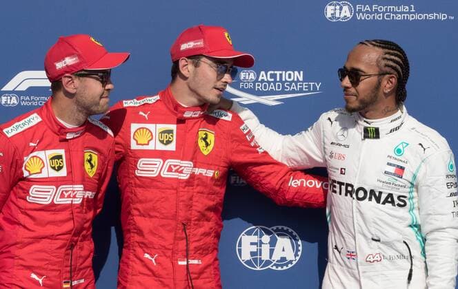 Ferrari s German driver Sebastian Vettel, Ferrari s Monegasque driver Charles Leclerc and Mercedes British driver Lewis Hamilton pictured after the qualification sessions ahead of the Spa-Francorchamps Formula One Grand Prix of Belgium race, in Spa-Francorchamps, Friday 30 August 2019. BENOITxDOPPAGNE  x05652754x