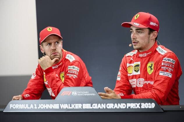 Ferrari s German driver Sebastian Vettel and Ferrari s Monegasque driver Charles Leclerc pictured after the qualification sessions ahead of the Spa-Francorchamps Formula One Grand Prix of Belgium race, in Spa-Francorchamps, Friday 30 August 2019. NICOLASxLAMBERT  x05652775x