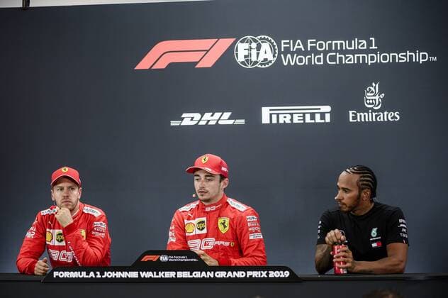 Ferrari s German driver Sebastian Vettel, Ferrari s Monegasque driver Charles Leclerc and Mercedes British driver Lewis Hamilton pictured after the qualification sessions ahead of the Spa-Francorchamps Formula One Grand Prix of Belgium race, in Spa-Francorchamps, Friday 30 August 2019. NICOLASxLAMBERT  x05652777x