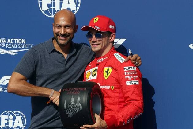 Photo4 LaPresse 31 08 2019 Spa Francorchamps, Belgio Grand Prix Formula One Belgio 2019 In the pic: pole position Charles Leclerc (MON) Scuderia Ferrari SF90 with Keegan-Michael Key (USA) Actor  Copyright: xPhoto4 LaPressex
