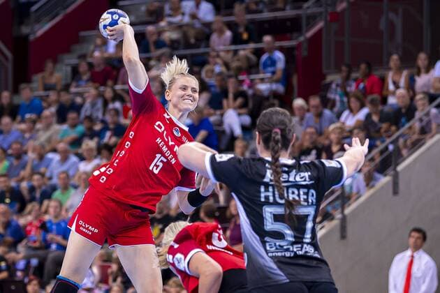 Ludwigsburg, Germany 31 August 2019 HBF Supercup 2019 SG BBM Bietigheim vs. Thueringer HC v li Kim Naidzinavicius Bietigheim , Josefine Huber Thueringer HC Ludwigsburg MHP Arena Baden Württemberg Germany