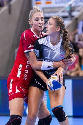 Ludwigsburg, Germany 31 August 2019 HBF Supercup 2019 SG BBM Bietigheim vs Thueringer HC v left in duel Luisa Schulze Bietigheim and Alicia Stolle Thueringer HC Ludwigsburg MHP Arena Baden Württemberg Germany