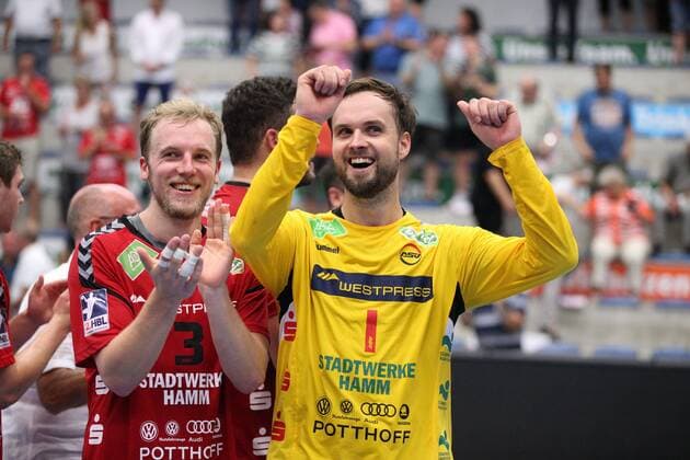 v l Fabian Huesmann ASV Hamm Westfalen 3 , Felix Storbeck ASV Hamm Westfalen 1 GER, Handball, 2 Bundesliga, ASV Hamm Westfalen against HC Elbflorenz Dresden, 31 08 2019 Hamm Copyright: xEIBNER JanxStrohdiekx EP_JSK
