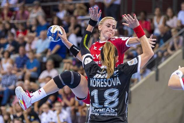 Ludwigsburg, Germany 31 August 2019 HBF Supercup 2019 SG BBM Bietigheim vs. Thueringer HC Maura Visser Bietigheim , Iveta Koresova Thueringer HC Ludwigsburg MHP Arena Baden Württemberg Germany