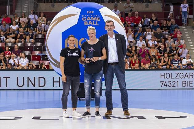 Ludwigsburg, Germany 31 August 2019 HBF Supercup 2019 SG BBM Bietigheim vs. Thueringer HC v li Anna Loerper Bietigheim , Clara Woltering, Managing Director HBF Andreas Thiel Ludwigsburg MHP Arena Baden Württemberg Germany