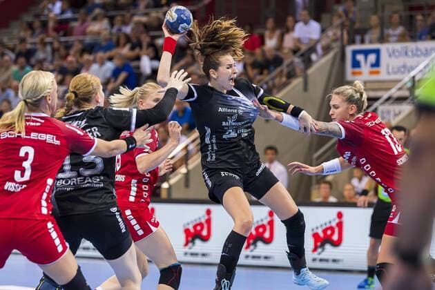 Ludwigsburg, Germany 31 August 2019 HBF Supercup 2019 SG BBM Bietigheim vs Thueringer HC v li Maura Visser Bietigheim , Meike Schmelzer Thueringer HC , Iveta Koresova Thueringer HC , Luisa Schulze Bietigheim Ludwigsburg MHP Arena Baden Württemberg Germany