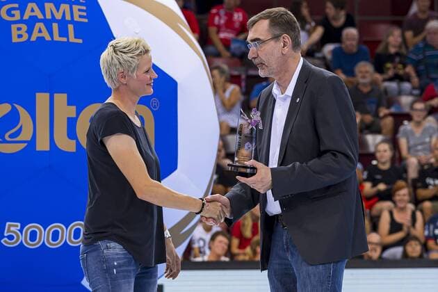 Ludwigsburg, Germany 31 August 2019 HBF Supercup 2019 SG BBM Bietigheim vs Thueringer HC v li Clara Woltering, Managing Director HBF Andreas Thiel Ludwigsburg MHP Arena Baden Württemberg Germany