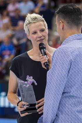 Ludwigsburg, Germany 31 August 2019 HBF Supercup 2019 SG BBM Bietigheim vs. Thueringer HC Clara Woltering with the HBF Award Ludwigsburg MHP Arena Baden Württemberg Germany