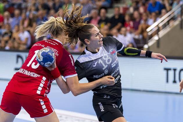 Ludwigsburg, Germany 31 August 2019 HBF Supercup 2019 SG BBM Bietigheim vs Thueringer HC v left in duel Kim Naidzinavicius Bietigheim and Iveta Koresova Thueringer HC Ludwigsburg MHP Arena Baden Württemberg Germany
