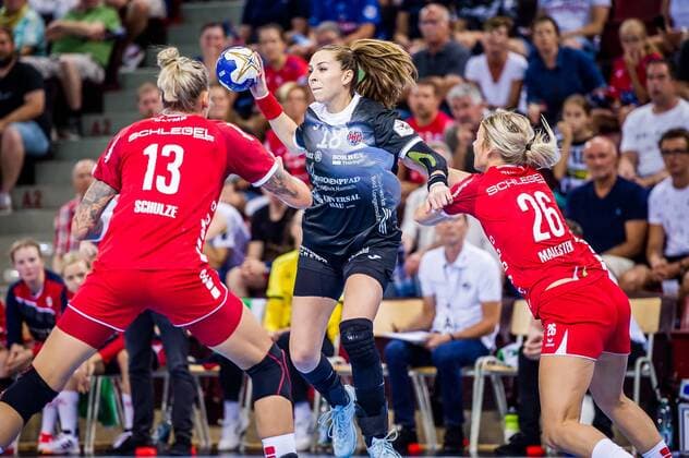 HBF Supercup 2019 SG BBM Bietigheim Thueringer HC Mitte Iveta Koresova 18 Thueringer HC Luisa Schulze 13 SG BBM Bietigheim Angela Malestein 26 SG BBM Bietigheim playing in the HBF Supercup, SG BBM Bietigheim Thueringer HC Bietigheim 31 08 19 Handball HBF Supercup , Bietigheim Baden Wuerttemberg Germany