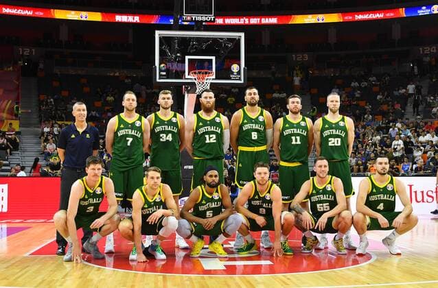 (190901) -- DONGGUAN, Sept. 1, 2019 -- Team members of Australia pose for group photos before the group H match between Canada and Australia at the 2019 FIBA World Cup in Dongguan, south China s Guangdong province, on Sep.1, 2019. ) (SP)CHINA-DONGGUAN-BASKETBALL WM FIBA WORLD CUP-GROUP H-AUSTRALIA VS CANADA (CN) ZhuxZheng 