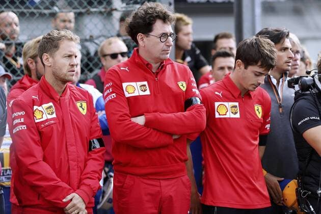 BINOTTO Mattia Chief of Sport F1 Team Scuderia Ferrari with his drivers VETTEL Sebastian and LECLERC Charles at the commemoration ceremony for the F2 driver HUBERT Anthonie Grand Prix of Belgium at Spa Circuit de Spa Francorchamps on 01 09 2019 at Spa