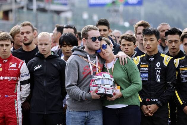 HUBERT Anthoine mother and brother with helmet at the commemoration ceremony for the F2 rider HUBERT Anthonie Grand Prix of Belgium in Spa Circuit de Spa Francorchamps on 01 09 2019 at Spa