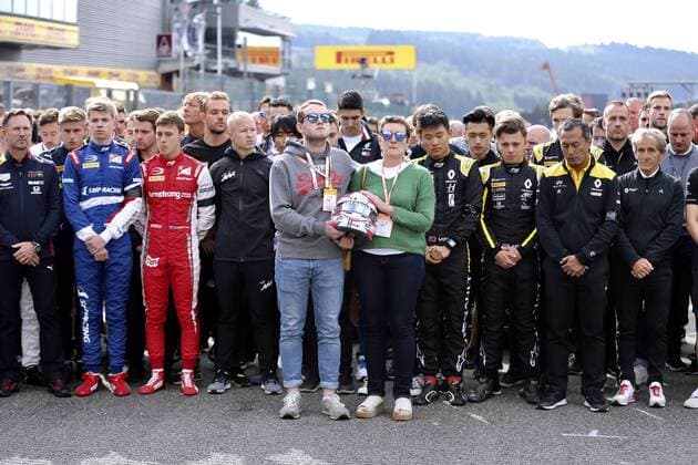 HUBERT Anthoine mother and brother with helmet at the commemoration ceremony for the F2 rider HUBERT Anthonie right Alan PROST left HORNER Christian Grand Prix of Belgium in Spa Circuit de Spa Francorchamps on 01 09 2019 in Spa