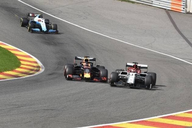 Red Bull s Dutch driver Max Verstappen and Alfa Romeo s Finnish driver Kimi Raikkonen pictured just before the stop of Verstrappen at the Spa-Francorchamps Formula One Grand Prix of Belgium race, in Spa-Francorchamps, Sunday 01 September 2019. NICOLASxLAMBERT  x05653576x