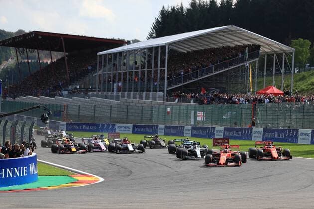 1st September 2019; Spa-Francorchamps racing circuit , Stavelot, Belgium; Formula 1 Grand Prix of Belgium, Race Day; Scuderia Ferrari, Charles Leclerc leads race start into the 1st corner - Editorial Use Only.  ActionPlus12164825 Octane