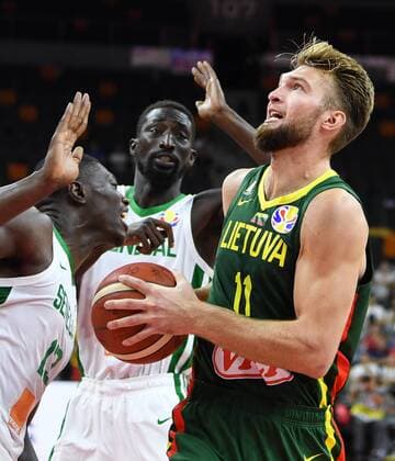 (190901) -- DONGGUAN, Sept. 1, 2019 -- Domantas Sabonis (R) of Lithuania goes for the basket during the group H match between Lithuania and Senegal at the 2019 FIBA World Cup in Donggguan, south China s Guangdong Province, Sept.1, 2019. ) (SP)CHINA-DONGGUAN-BASKETBALL WM FIBA WORLD CUP-GROUP H-LITHUANIA VS SENEGAL (CN) DengxHua 