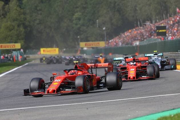 Photo4 LaPresse 01 09 2019 Spa Francorchamps, Belgio Grand Prix Formula One Belgio 2019 In the pic: start, Charles Leclerc (MON) Scuderia Ferrari SF90 and Sebastian Vettel (GER) Scuderia Ferrari SF90 lead  Copyright: xPhoto4 LaPressex