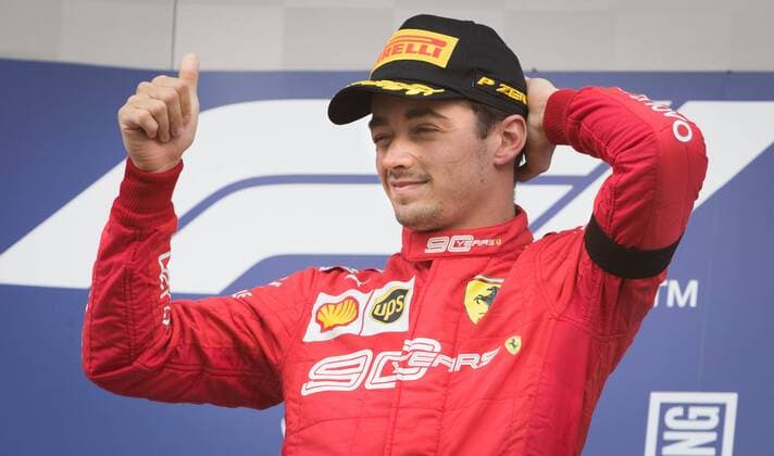 Ferrari s Monegasque driver Charles Leclerc celebrates on the podium after winning the Spa-Francorchamps Formula One Grand Prix of Belgium race, in Spa-Francorchamps, Sunday 01 September 2019. BENOITxDOPPAGNE  x05653709x