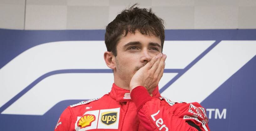 Ferrari s Monegasque driver Charles Leclerc reacts on the podium after winning the Spa-Francorchamps Formula One Grand Prix of Belgium race, in Spa-Francorchamps, Sunday 01 September 2019. BENOITxDOPPAGNE  x05653710x
