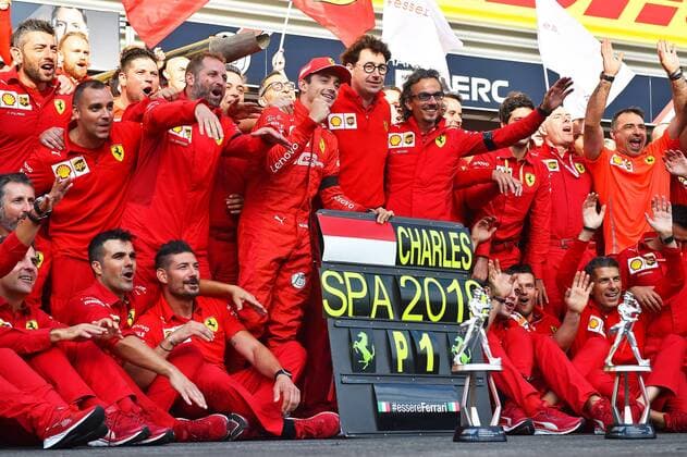 01 09 2019, xekx, Motorsport FIA Formula 1, Grand Prix of Belgium 2019 race emspor, winner team photo of Ferrari, middle winner Charles Leclerc Ferrari DFL DFL DFB REGULATIONS PROHIBIT ANY USE OF PHOTOGRAPHS as IMAGE SEQUENCES and or QUASI VIDEO Spa eel-fotografie Eberhard Krieger