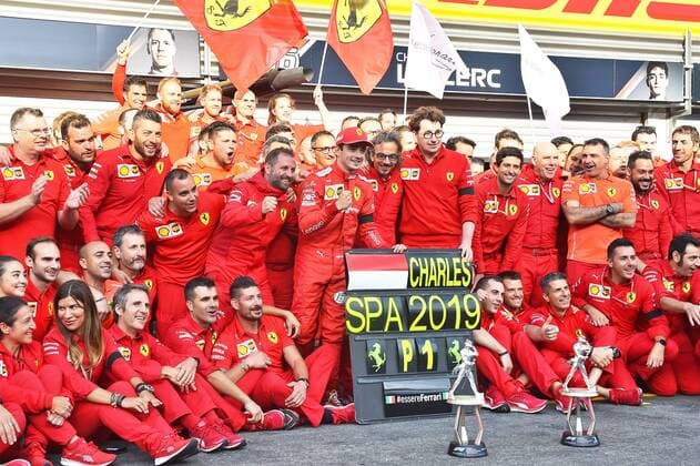 01 09 2019, xekx, Motorsport FIA Formula 1, Grand Prix of Belgium 2019 race emspor, winner team photo of Ferrari, middle winner Charles Leclerc Ferrari DFL DFL DFB REGULATIONS PROHIBIT ANY USE OF PHOTOGRAPHS as IMAGE SEQUENCES and or QUASI VIDEO Spa eel-fotografie Eberhard Krieger