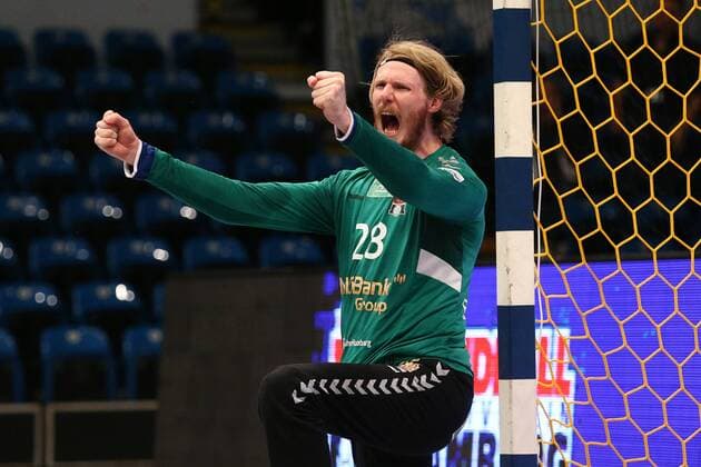 Handball 2 Handball Bundesliga 2019 2020 Handball Sportverein Hamburg vs TSV Bayer Dormagen Goalkeeper Aron Edvardsson Hamburg cheers Sporthalle Alsterdorf Hamburg Photo This image is for editorial use Use for advertising purposes requires additional release
