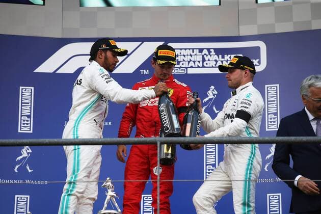 Photo4 LaPresse 01 09 2019 Spa Francorchamps, Belgio Grand Prix Formula One Belgio 2019 In the pic: podium: 1st position Charles Leclerc (MON) Scuderia Ferrari SF90 2nd position Lewis Hamilton (GBR) Mercedes AMG F1 W10 3rd position Valtteri Bottas (FIN) Mercedes AMG F1 W10  Copyright: xPhoto4 LaPressex