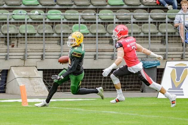 GFL1 Nord, Cologne Crocodiles Potsdam Royals, Cologne, 1 9 2019 Aaron Jackson Cologne Crocodiles Till Janssen Potsdam Royals , Cologne Crocodiles Potsdam Royals on 1 9 2019 at Sportpark Höhenberg, Cologne Copyright: xBEAUTIFULxSPORTS MarcxJungex