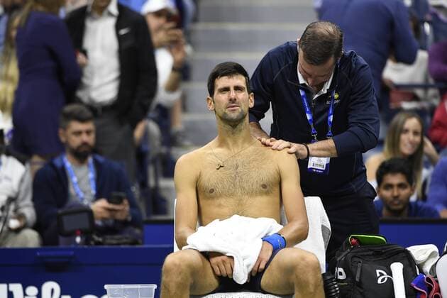 Tennis - US Open 2019 - Abandon de Novak Djokovic - Serbie - contre Stan Wawrinka - Suisse TENNIS : US Open 2019 - USA - 01 09 2019 ChrysleneCaillaud Panoramic 